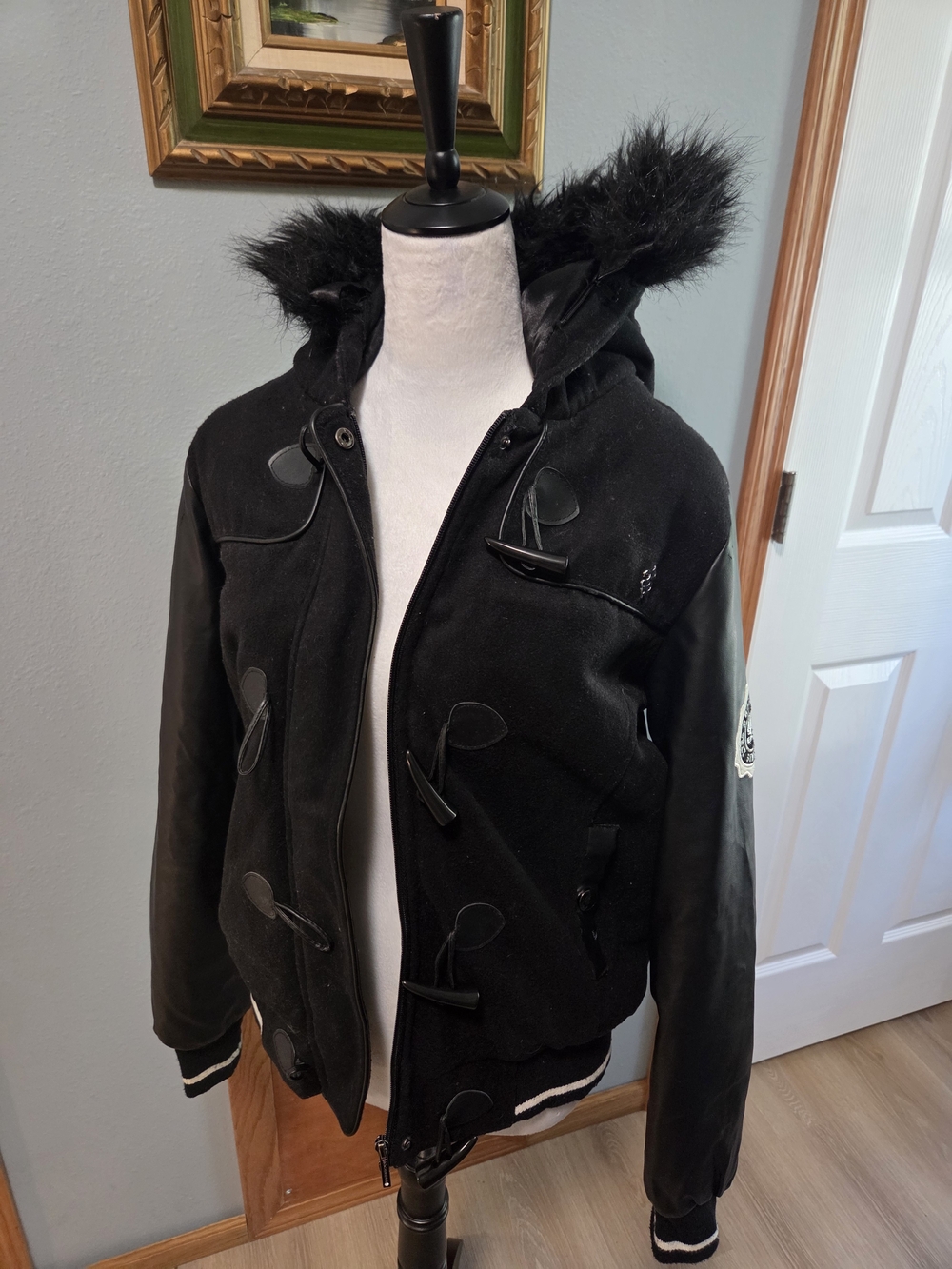 Rocawear Black Hooded Bomber Jacket with Faux Fur Trim